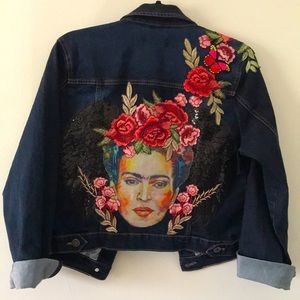 Frida Kahlo Jean Jacket hand embellished (size L)